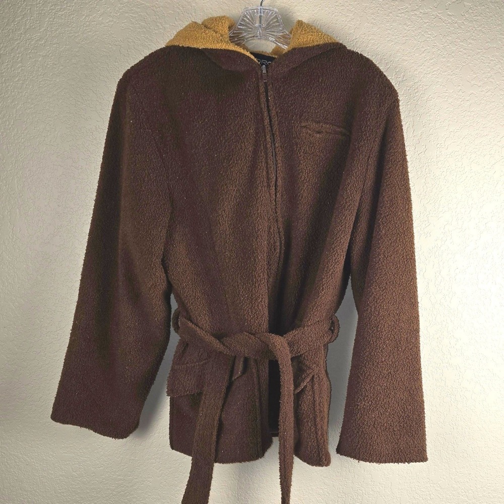 Sandro Paris Brown Sherpa Hooded Teddy Bear Jacket Belted Full Zip‎ Coat